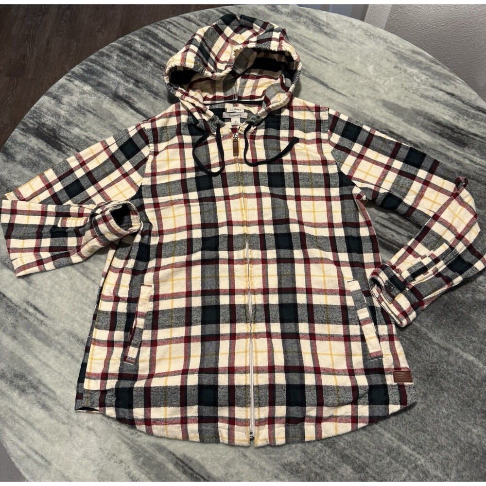 LL Bean Flannel Jacket Women’s Medium Scotch Plaid Shirt Zip Hoodie 100% Cotton